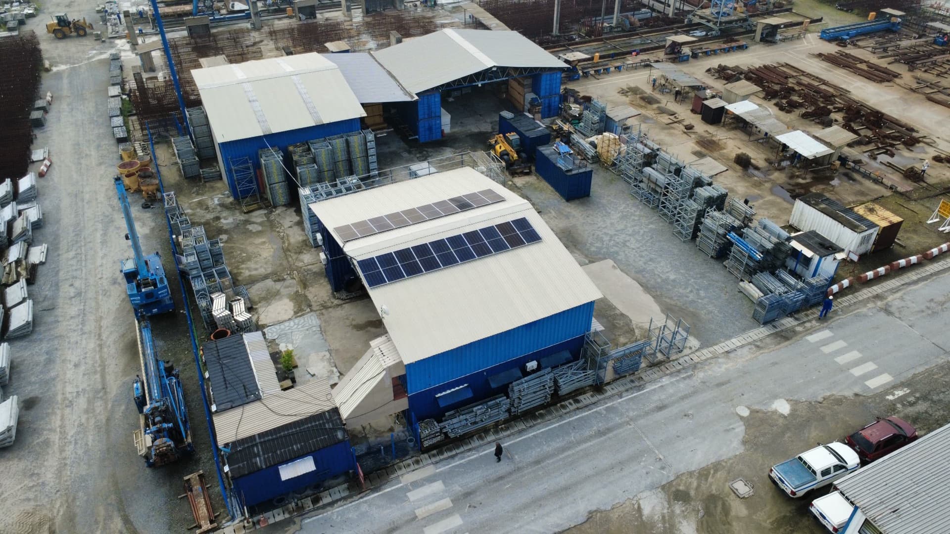 Aerial view of solar arrays on the Formyard yard roofs